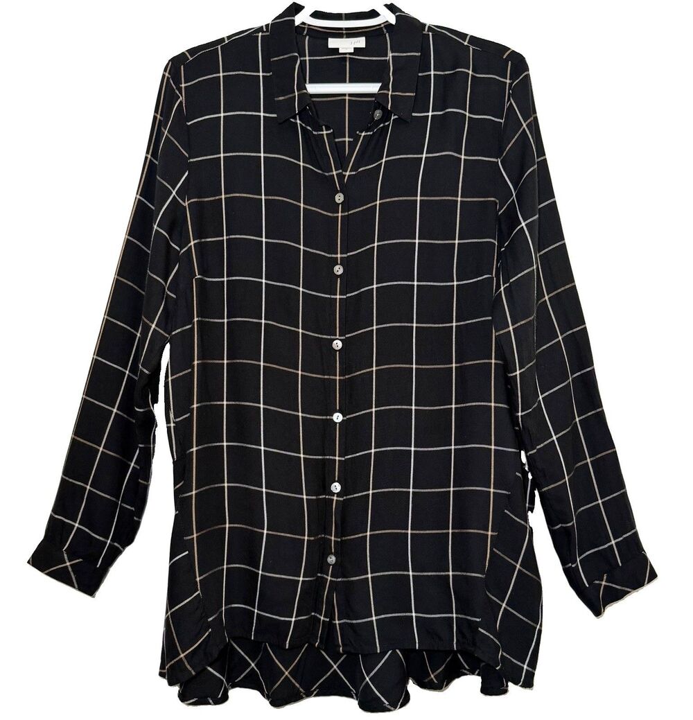 J Jill Women’s M Black Windowpane Plaid Ruffle Hem Rayon Tunic Button Shirt